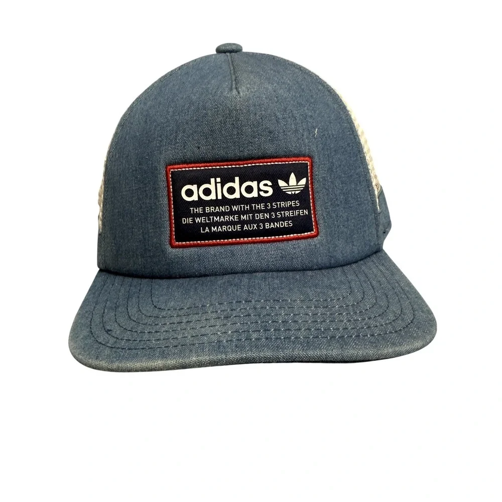 Adidas Hat Cap Snap Back One Size Blue Denim Trefoil Patch Mesh Trucker Mens